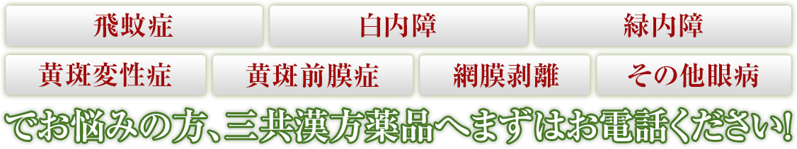 飛蚊症・白内障・緑内障・黄斑変性症・黄斑前膜症・網膜剥離・その他眼病でお悩みの方、三共漢方薬品へまずはお電話ください！